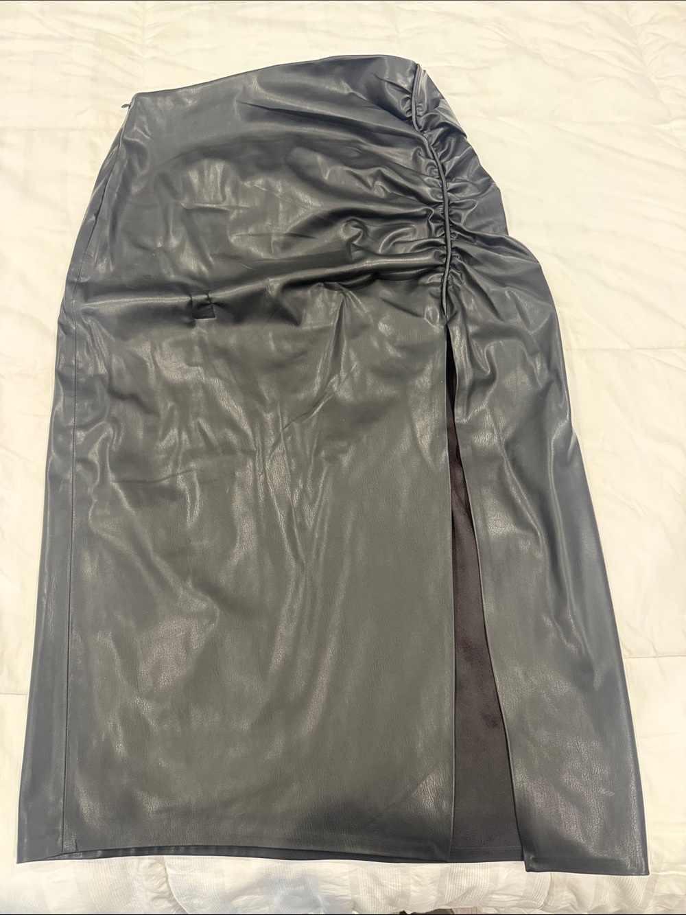 Zara Black Faux Leather Ruched Side Slit Pencil Skirt